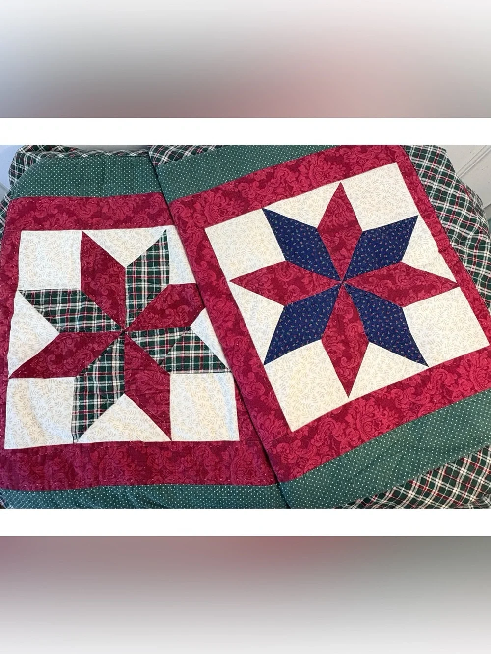 (2) Vintage 80s 90s Patchwork Cottagecore Star Quilt Christmas Pillow Shams